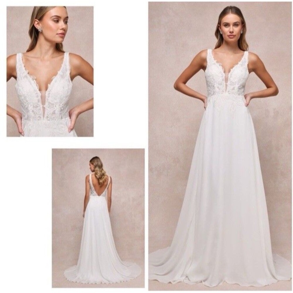 Lulus Forever Promised White Chiffon Embroidered Sequin Maxi Dress NWT Size S